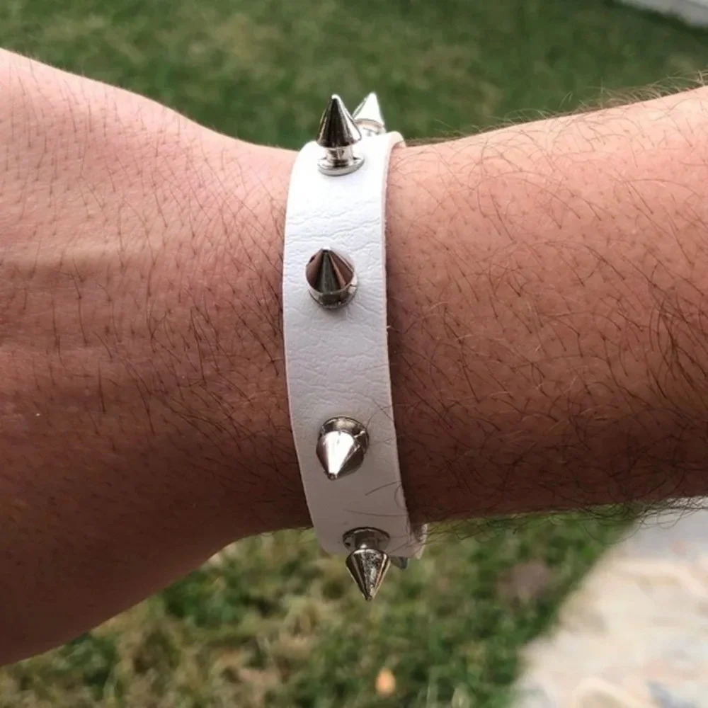 White Leather Punk Goth Spike Rock Metal Stud Snap Cuff Bracelet NWT